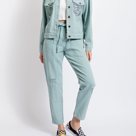 New Easel LA EB50159 Washed Twill Pants Pockets Jogger Sage Distressed Pull On - Picture 1 of 10